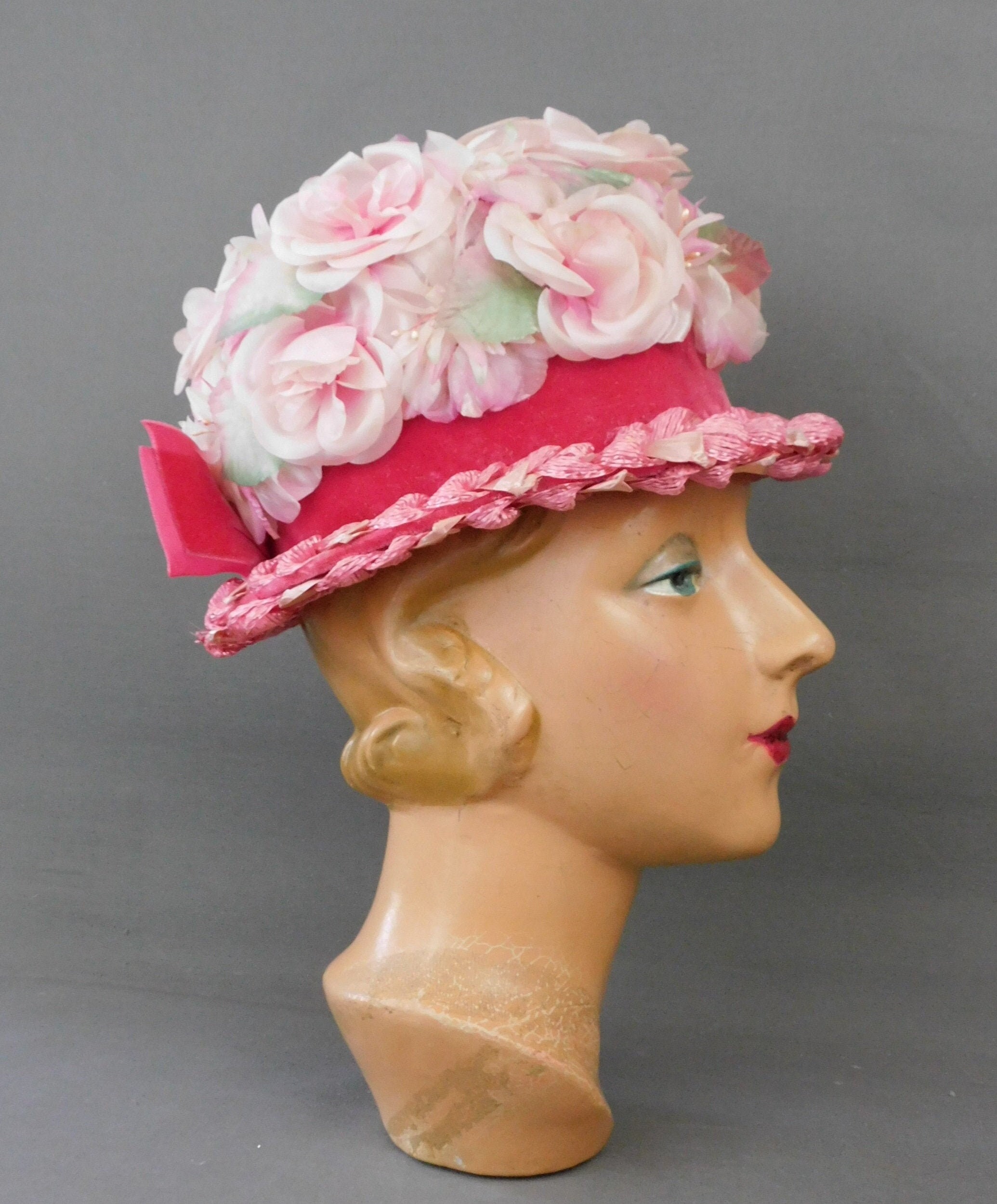 Vintage Floral Straw Hat with Pink Ribbon Handmade Vintage Straw Flower Bonnet Straw Hat – Retro Fairy main image 3