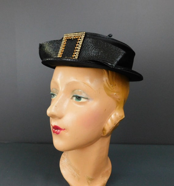 Vintage Black Straw Tilt Hat with Rhinestone Buck… - image 6