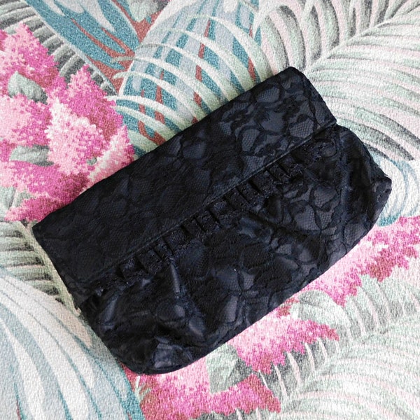 Vintage 80s Black Lace & Satin Clutch Purse, Party Evening Bag