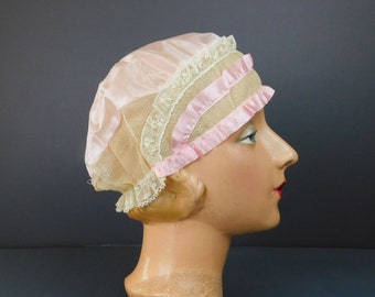 Vintage Pink Silk 1920s Sleeping Cap Hat, with lace and ribbon trim