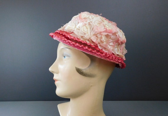 Vintage Pink Flowers and Straw Hat, 1960s, 21 inch head