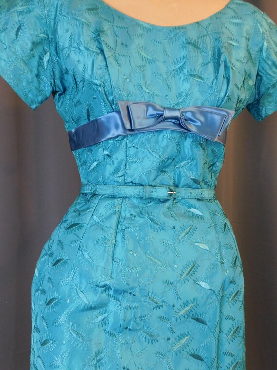 Vintage Embroidered Turquoise Dress 1950s 1960s, XS 3… Gem