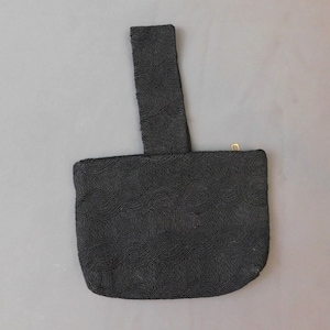 Vintage 1940s Small Black Cord Purse, Wristlet 9x7 inches