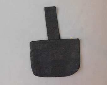Vintage 1940s Small Black Cord Purse, Wristlet 9x7 inches