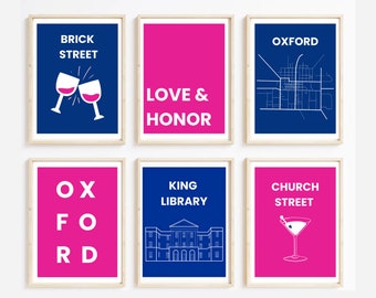 May include: Six printable wall art prints with a blue and pink color scheme. The prints feature text and illustrations related to the city of Oxford, including "Brick Street", "Love & Honor", "Oxford", "King Library", "Church Street", and "Oxford" spelled out vertically.