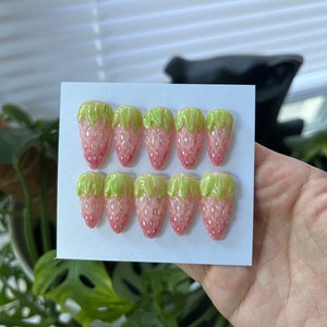 Jelly 3D pink strawberry nails | press on nails | pink strawberry | viral nails | trending nails | fruit nails | summer nails