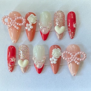 Pink and white set | Press on nails | Gel nails | Trending nails | Cute nails | Girly nails