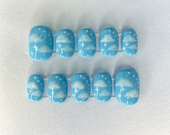 Sky Blue Cloud Press On Nails: Handmade Gel Nails