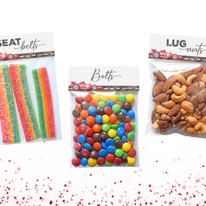 May include: Three clear plastic bags with labels and different snacks. The first bag has red and yellow gummy candies and a label that says "Seat Belts". The second bag has colorful M&M's and a label that says "Bolts". The third bag has almonds and cashews and a label that says "Lug Nuts".