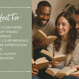 Book club party decor inspiration featuring printable treat bag toppers for literary themed gathering