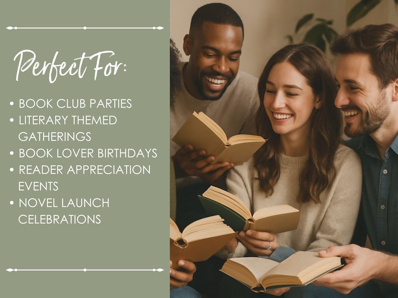 Book club party decor inspiration featuring printable treat bag toppers for literary themed gathering