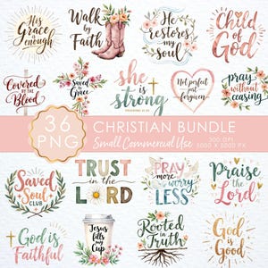 Puede incluir: Un conjunto de 36 gráficos PNG con temática cristiana con diseños florales y de acuarela. Las imágenes incluyen citas inspiradoras como "His Grace is Enough", "Walk by Faith" y "Pray More Worry Less". El paquete es para uso comercial pequeño.