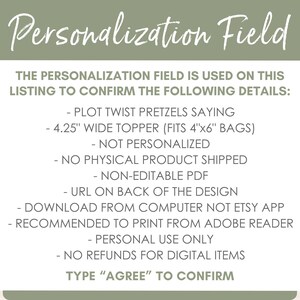 Personalization field is used for the terms information for non editable book club party printable treat bag topper
