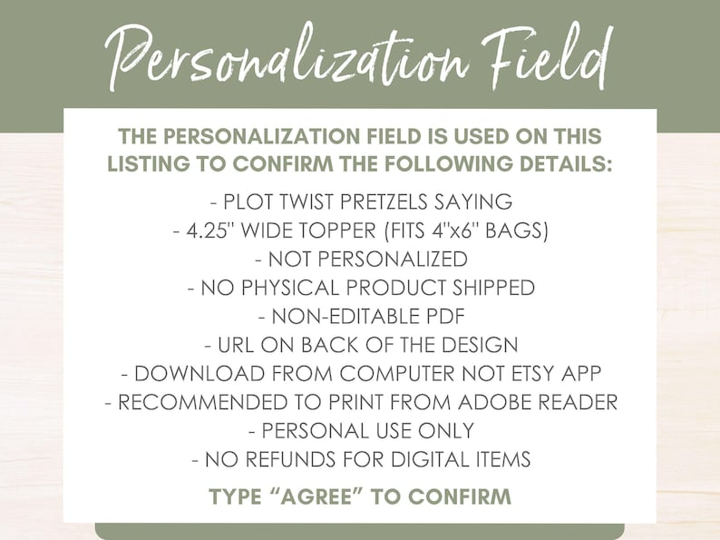 Personalization field is used for the terms information for non editable book club party printable treat bag topper