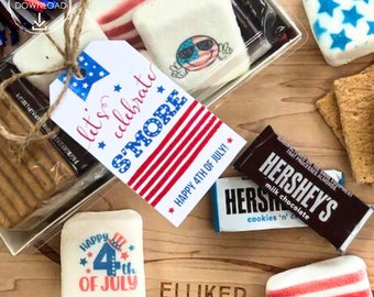 Patriotische Printables, Smore Tag, 4. Juli druckbar, Fourth of Juli Gefälligkeiten, Stars and Stripes, Lets Celebrate Smore Tag, Rot Weiß Blau