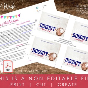 Printable Dugout Snack treat bag toppers for baseball-themed parties, featuring a glove and baseball design. The digital PDF file includes four toppers on an 8.5" x 11" page for easy printing and cutting. Ideal for baseball birthday parties, team gifts, sports banquets, and end-of-season favors. Non-editable instant download.