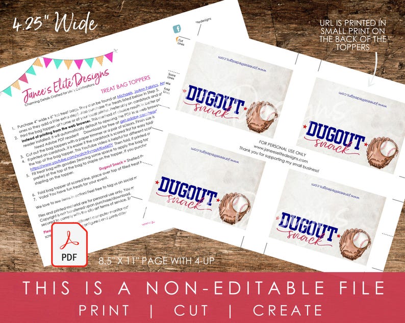 Printable Dugout Snack treat bag toppers for baseball-themed parties, featuring a glove and baseball design. The digital PDF file includes four toppers on an 8.5" x 11" page for easy printing and cutting. Ideal for baseball birthday parties, team gifts, sports banquets, and end-of-season favors. Non-editable instant download.