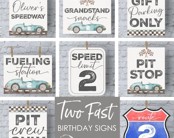 Blue Two Fast Birthday Decorations Blue Vintage Race Car Birthday Printable Sign Racecar Party Signs Race Car 2nd Birthday Themes Decoration