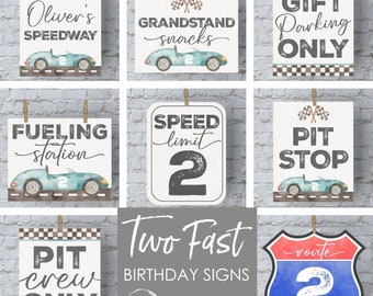Blue Two Fast Birthday Decorations Blue Vintage Race Car Birthday Printable Sign Racecar Party Signs Race Car 2nd Birthday Themes Decoration