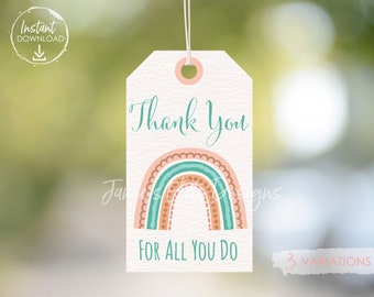 Thank You For All You Do Tags, Boho Rainbow, Teacher Appreciation, Nurse, Staff, Employee, Teacher Tags, Instant Download, Printable Tags