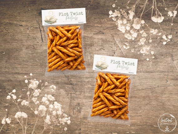 Book Club Party Favors Printable, Plot Twist Pretzels Treat Bag Topper, Book Themed Party Decor Instant Download PDF