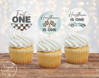 Race Car Cupcake Toppers, Fast One Birthday, Race Car Birthday, First Lap Around The Track, Vintage Race Car Birthday, Digital Download