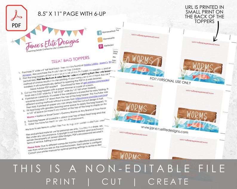 Fish Party Favors Printable Worms Bag Toppers