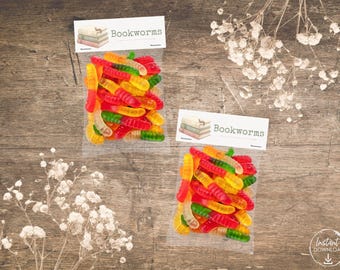 Recuerdos imprimibles para baby shower con temática de libros, adorno para bolsa de golosinas de 4x6, recuerdo de fiesta con forma de gusano de goma, descarga instantánea en PDF.