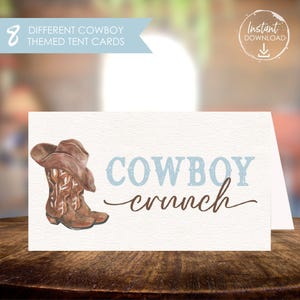 Etiquetas de comida imprimibles para fiesta de vaqueros, ideas para mesas de dulces con temática del oeste, letreros para mesa de refrigerios de mi primer rodeo, tarjetas de carpa de comida para cumpleaños del lejano oeste en azul