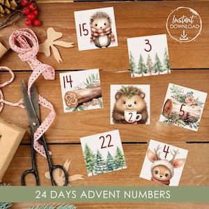 Calendrier de l&#39;Avent 24 jours avec nombres et chiffres pour les enfants, Noël des bois, calendrier de l&#39;Avent imprimable, Journal de l&#39;Avent quotidien de décembre