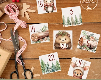 Op de afbeelding: Een verzameling geïllustreerde adventskalendernummers, met bosdieren en bosscènes. Elke vierkant toont een nummer van 3 tot 22, met afbeeldingen van egels, herten en bomen. De tekst "24 DAYS ADVENT NUMBERS" staat onderaan.