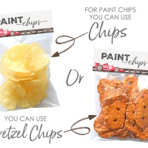 May include: Two bags of snacks with labels that say "PAINT chips". One bag contains potato chips and the other contains pretzel chips. The text on the labels says "For paint chips you can use chips" and "You can use pretzel chips".