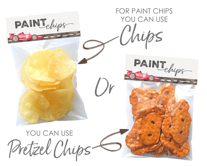 May include: Two bags of snacks with labels that say "PAINT chips". One bag contains potato chips and the other contains pretzel chips. The text on the labels says "For paint chips you can use chips" and "You can use pretzel chips".