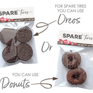 May include: Two clear plastic bags with labels that say "Spare Tires" and a red race car graphic. One bag contains chocolate chip cookies and the other contains chocolate donuts. The text "You can use Oreos" and "You can use Donuts" is written on the image.