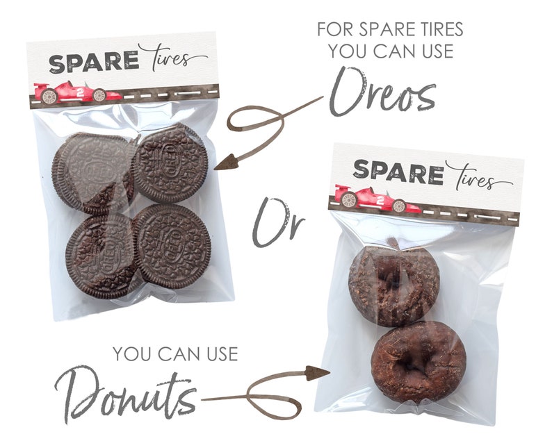 May include: Two clear plastic bags with labels that say "Spare Tires" and a red race car graphic. One bag contains chocolate chip cookies and the other contains chocolate donuts. The text "You can use Oreos" and "You can use Donuts" is written on the image.