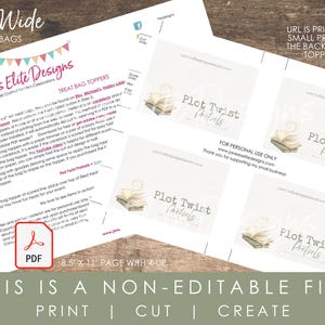 Book club party printable PDF preview showing instructions page and 8.5x11 4-up treat bag topper layout for 4x6 bags