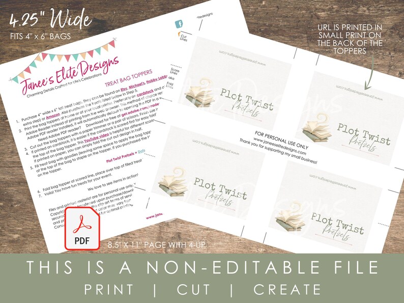 Book club party printable PDF preview showing instructions page and 8.5x11 4-up treat bag topper layout for 4x6 bags