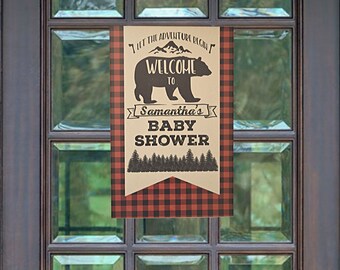 Lumberjack Baby Shower - Welcome Sign - Buffalo Plaid Decorations - Adventure Awaits - Woodland Bear Door Signage - Adventure Baby Shower