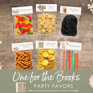 Adornos para bolsas de golosinas con temática de libros, imprimibles, para fiestas de cumpleaños, baby showers, despedidas de soltera