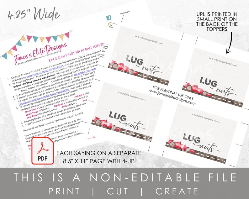 May include: Four printable treat bag toppers featuring a red race car with the words "LUG nuts" printed on each. The toppers are designed for a race car party and are 8.5 inches by 11 inches.