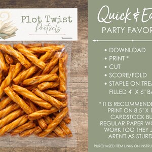 Close up of Plot Twist Pretzels treat bag topper printable attached to 4x6 snack bag for book club party favor