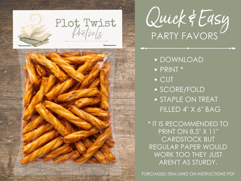 Close up of Plot Twist Pretzels treat bag topper printable attached to 4x6 snack bag for book club party favor
