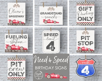Need Four Speed Birthday, Race Car Party, Vintage Race Car Birthday, Car Birthday, Racecar Birthday, Printable Birthday Decoration, Signs