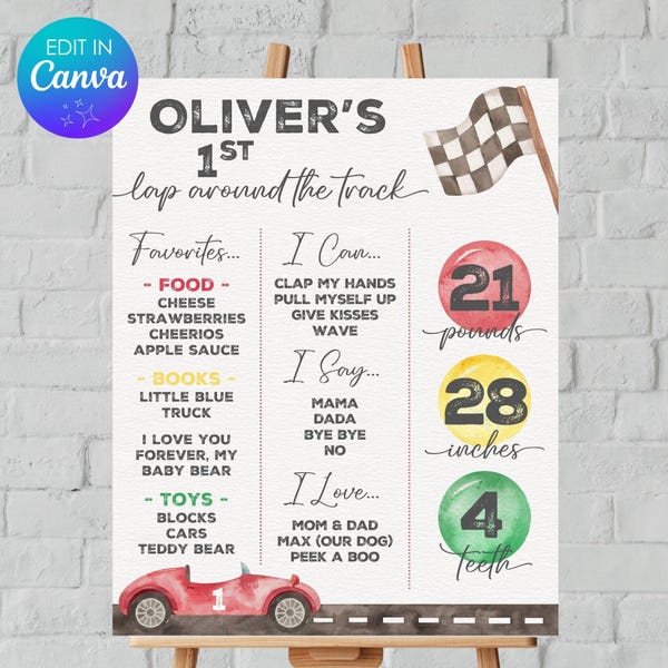 Tablero de hitos de un cumpleaños rápido, Canva, editable, vintage, rojo, de carreras, para el primer cumpleaños, cartel de estadísticas de bebé para la primera vuelta a la pista de carreras