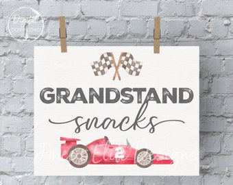 May include: A printable sign with the text "Grandstand Snacks" in a distressed font. A red race car with a checkered flag is featured on the sign.