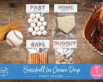 Baseball Ice Cream Drip Party Favors druckbare Leckerlibeutel Toppers Baseball Geburtstag Goodie Bags Kinder Partybevorzugung druckbare Snackbeutel Toppers