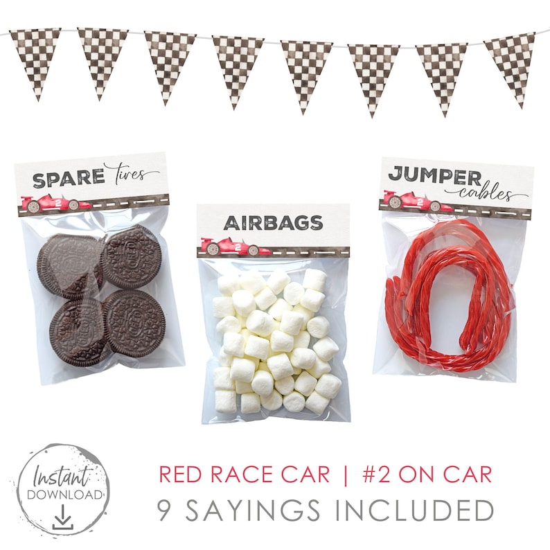 Two Fast Birthday Red Race Car Treat Bag Toppers