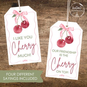 Etiquettes cadeaux à imprimer Coquette cerise pour la Saint-Valentin Galentines Cadeaux pour amis professeurs camarades de classe collègues Saint-Valentin échange de jeux de mots cerise
