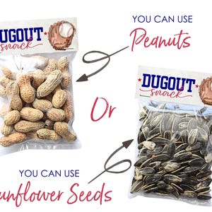 Baseball-themed Dugout Snack treat bag toppers featuring a baseball glove and ball design. Shown with peanuts and sunflower seeds as filling options. Perfect for baseball birthday parties, team gifts, sports banquets, and end-of-season favors. Instant download printable for easy party favor creation.