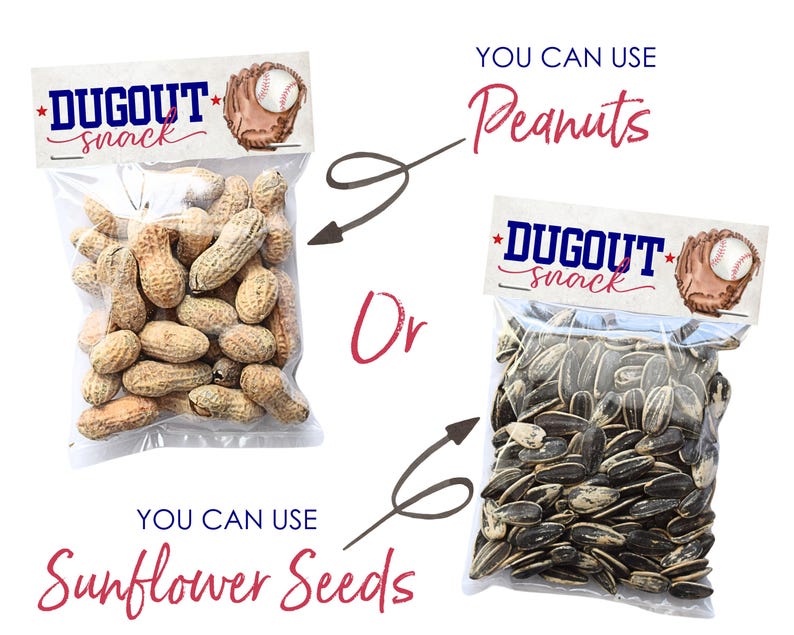 Baseball-themed Dugout Snack treat bag toppers featuring a baseball glove and ball design. Shown with peanuts and sunflower seeds as filling options. Perfect for baseball birthday parties, team gifts, sports banquets, and end-of-season favors. Instant download printable for easy party favor creation.